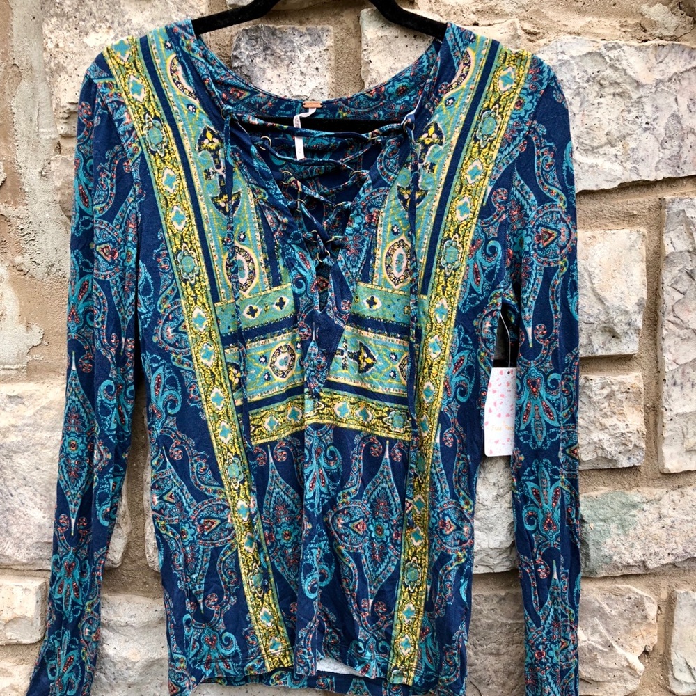 FREE PEOPLE blue lace up top